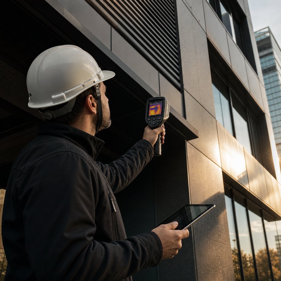 Técnico inspeccionando una fachada corporativa con cámara térmica y tablet