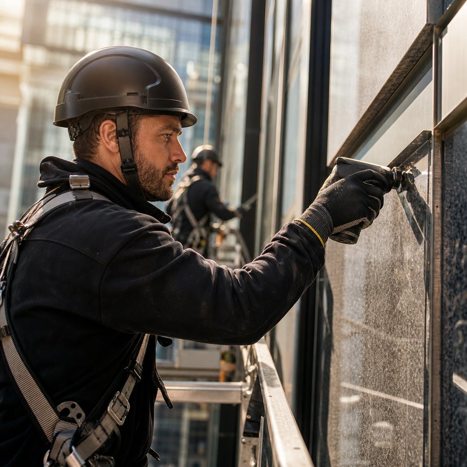 Técnicos ejecutando una intervención en una fachada de edificio corporativo