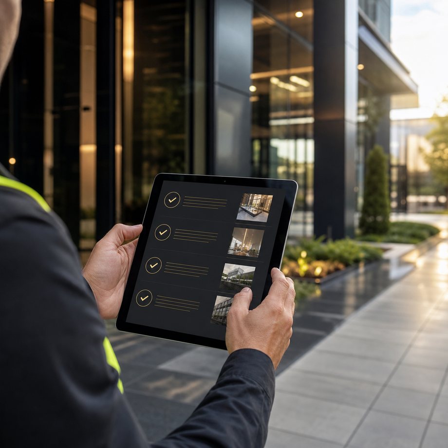 Supervisor revisando el seguimiento de calidad en una tablet frente a un edificio terminado